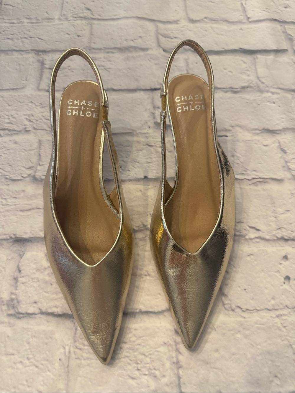 Chase + Chloe Metallic Gold Pointed Slingback Flats